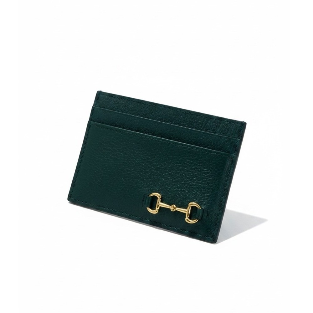 Gucci 1955 Horsebit Textured Dollar Calfskin Leather Card‎ Holder Green